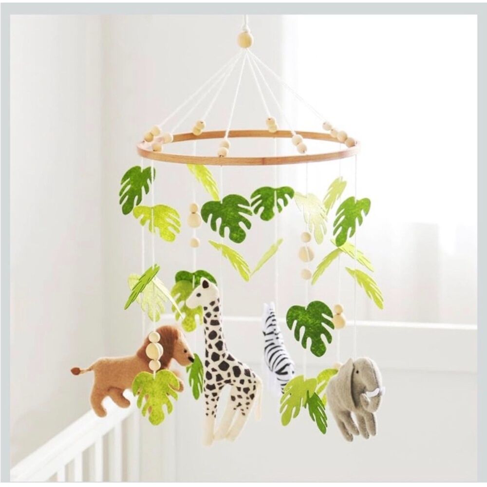 Handmade felt jungle baby nursery mobile palm tree zebra lion